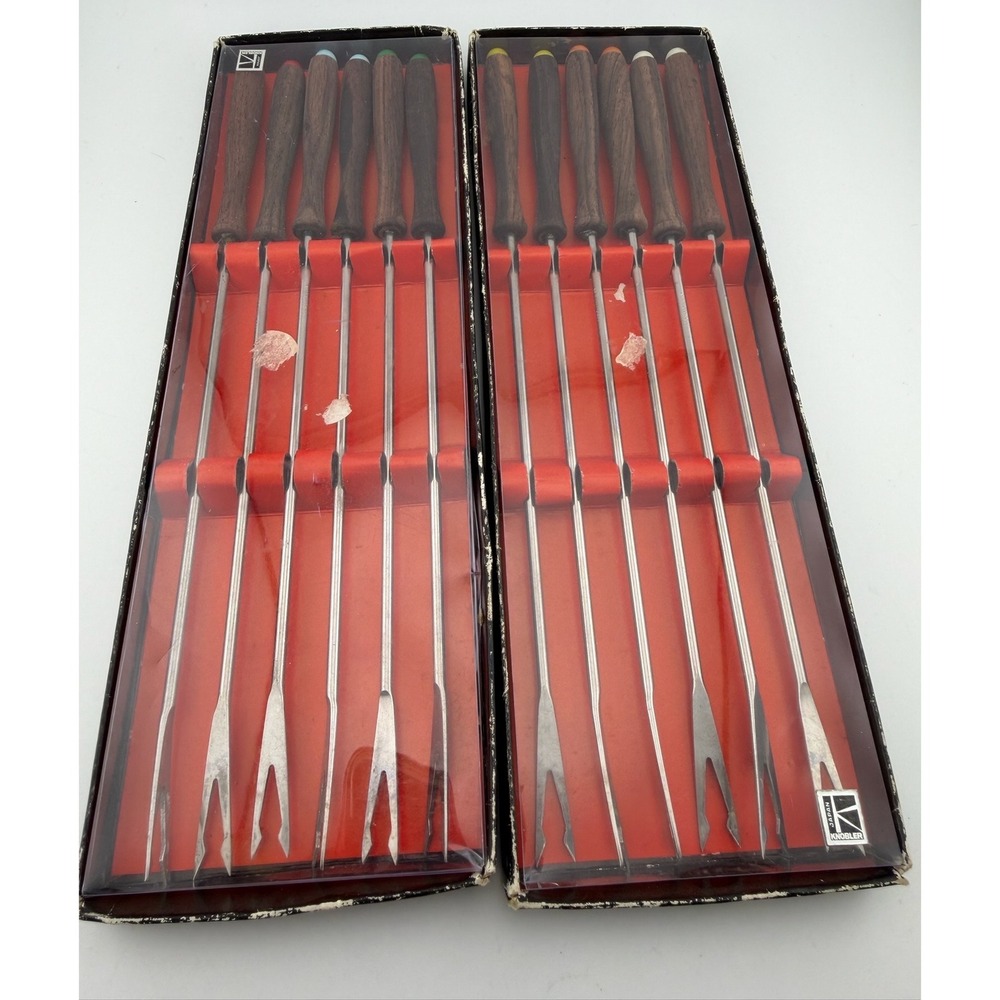Knobler Fondue Forks Set of 12 Brown Mid Century Modern Wood Japan Stainless